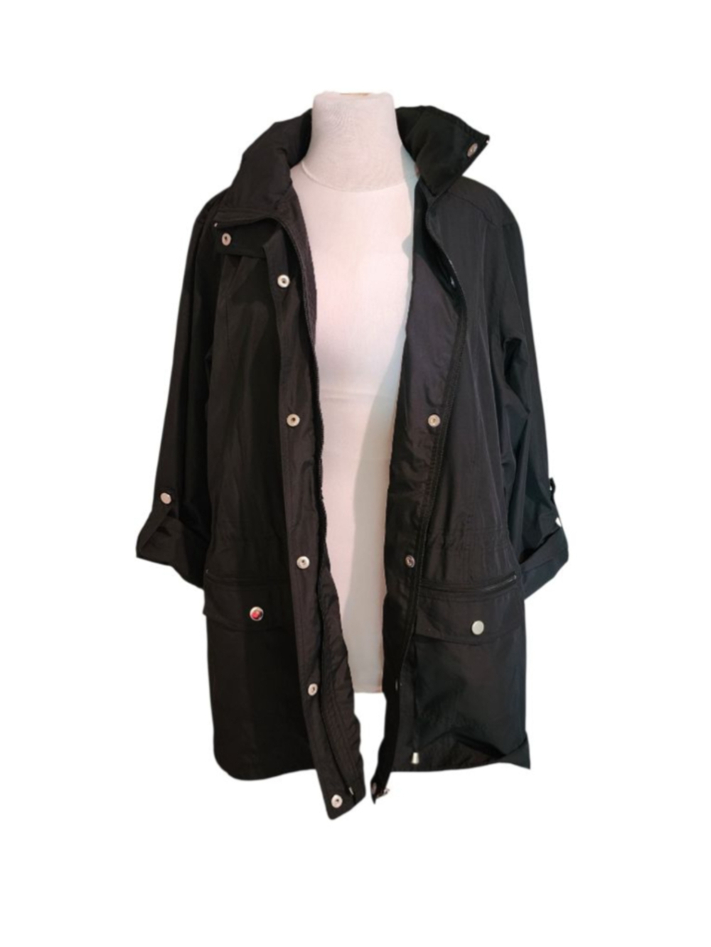 Style & Co Sport Black Hooded Rain Jacket Windbreaker Women's XL Snap Utility - Picture 5 of 10